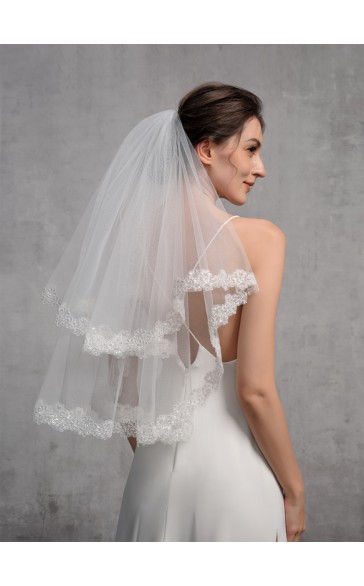 Two-tier Lace Applique Edge Elbow Bridal Veils With Lace