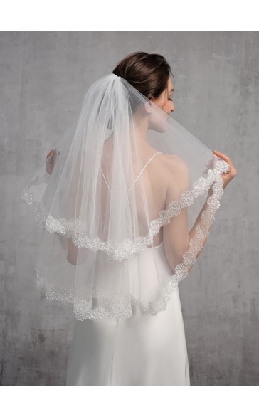 Two-tier Lace Applique Edge Elbow Bridal Veils With Lace