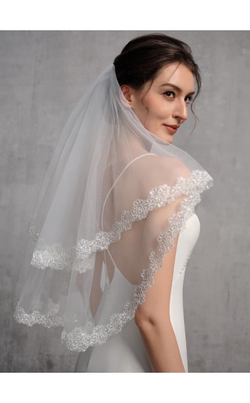 Two-tier Lace Applique Edge Elbow Bridal Veils With Lace