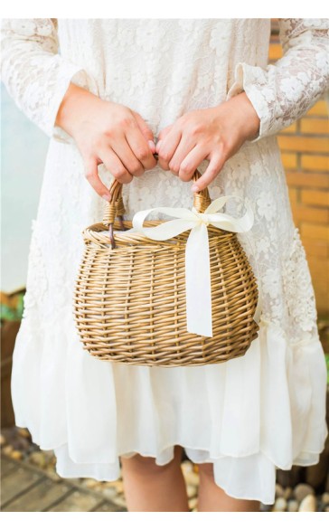 Flower Girl Wooden Flower Basket With Ribbons