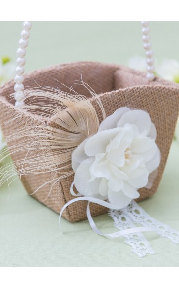 Flower Girl Linen/Plastic Flower Basket With Applique/Beading