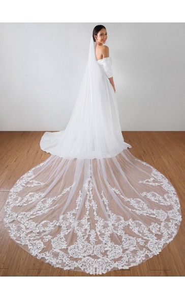 One-tier Lace Applique Edge Cathedral Bridal Veils With Sequin/Lace