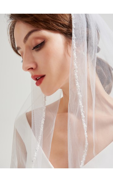 One-tier Pearl Trim Edge Elbow Bridal Veils With Beading/Sequin