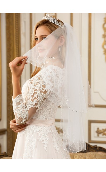 Two-tier Beaded Edge Elbow Bridal Veils With Beading/Sequin