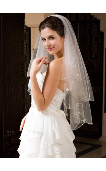 Two-tier Beaded Edge Elbow Bridal Veils With Beading/Sequin