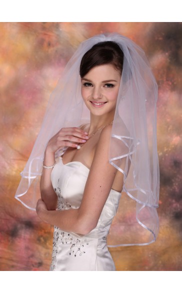 Two-tier Satin Edge Elbow Bridal Veils With Ribbon/Faux Pearl