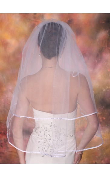 Two-tier Satin Edge Elbow Bridal Veils With Ribbon/Faux Pearl