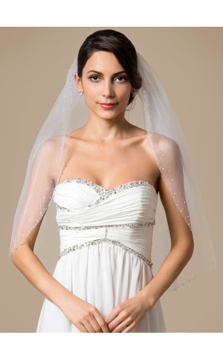 One-tier Beaded Edge Elbow Bridal Veils With Rhinestones/Faux Pearl