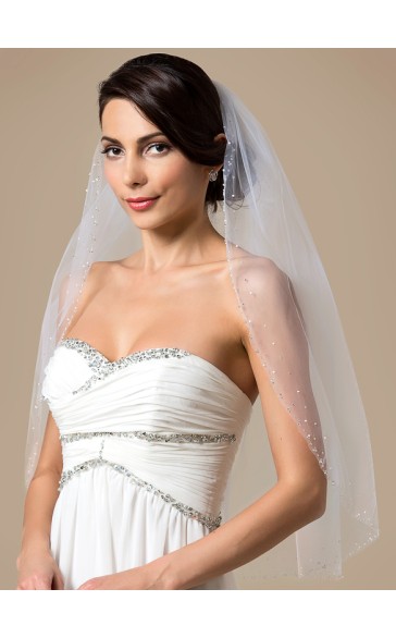 One-tier Beaded Edge Elbow Bridal Veils With Rhinestones/Faux Pearl