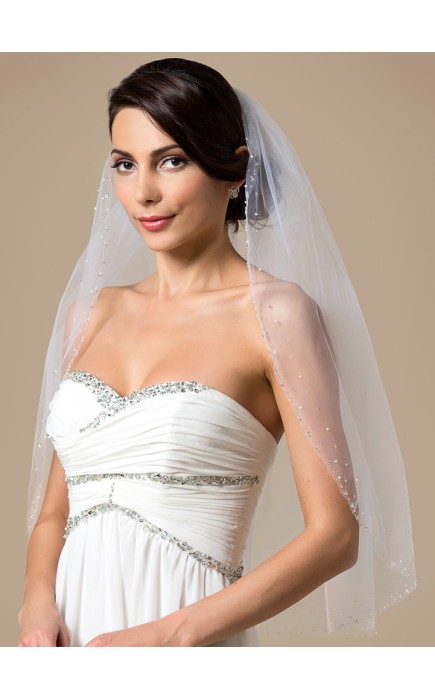 One-tier Beaded Edge Elbow Bridal Veils With Rhinestones/Faux Pearl