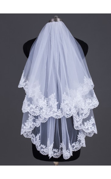 Two-tier Lace Applique Edge Elbow Bridal Veils With Lace