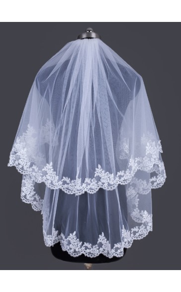 Two-tier Lace Applique Edge Elbow Bridal Veils With Lace